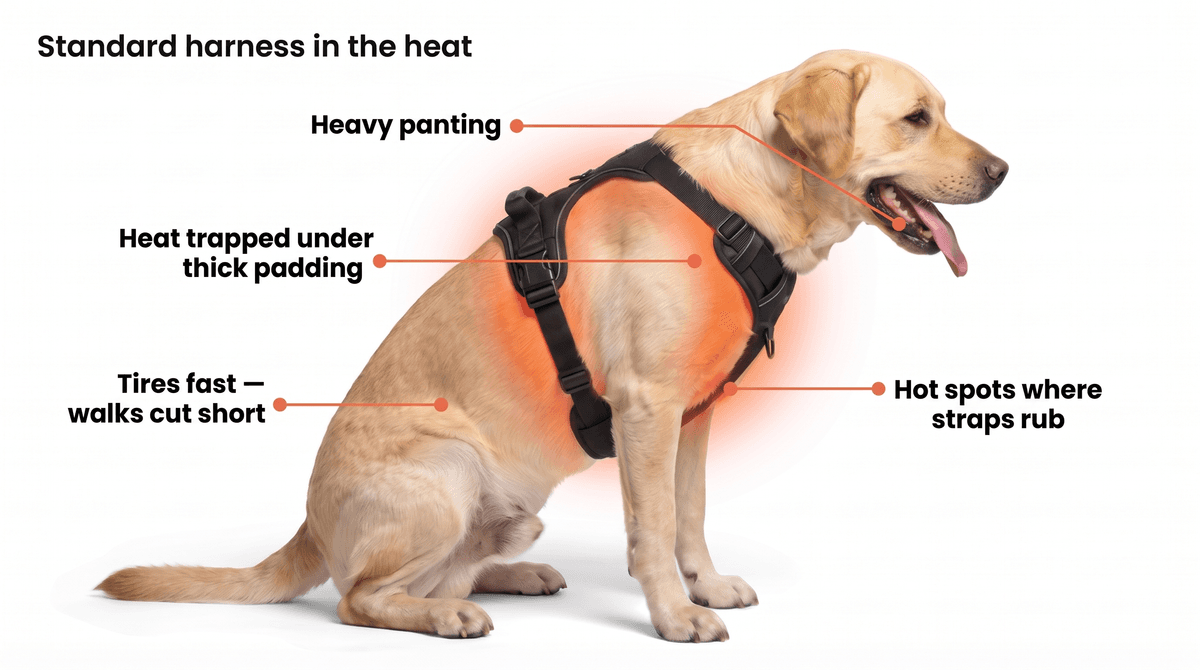 Standard harness in the heat — heat trapped under thick padding, heavy panting, hot spots where straps rub